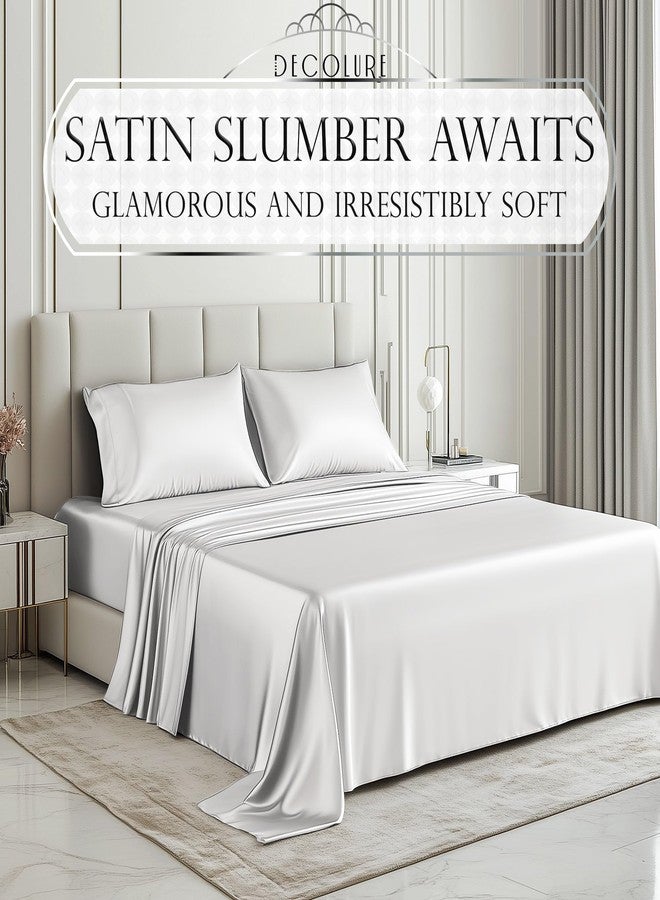 DECOLURE Satin Bed Sheets - 4 Piece Luxury Silky Queen Size Bedding Set - Softer Than Silk, Wrinkle-Free with 15” Deep Pocket Fitted Sheet, Perfect for Hair & Skin, Gifts for Women (White) - Image 2